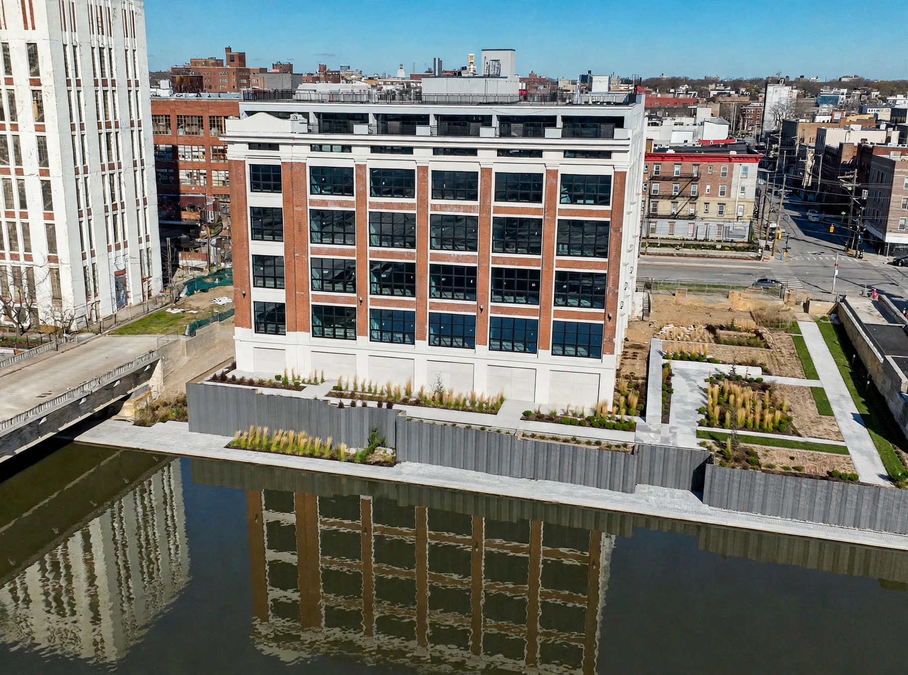 Aerial view of South St Lofts at 135 South Street on the Passaic River, Passaic, New Jersey